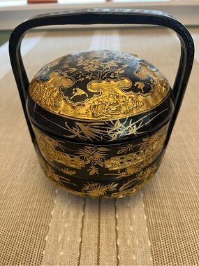Black and Gold Lacquered Decorative Basket with Handle